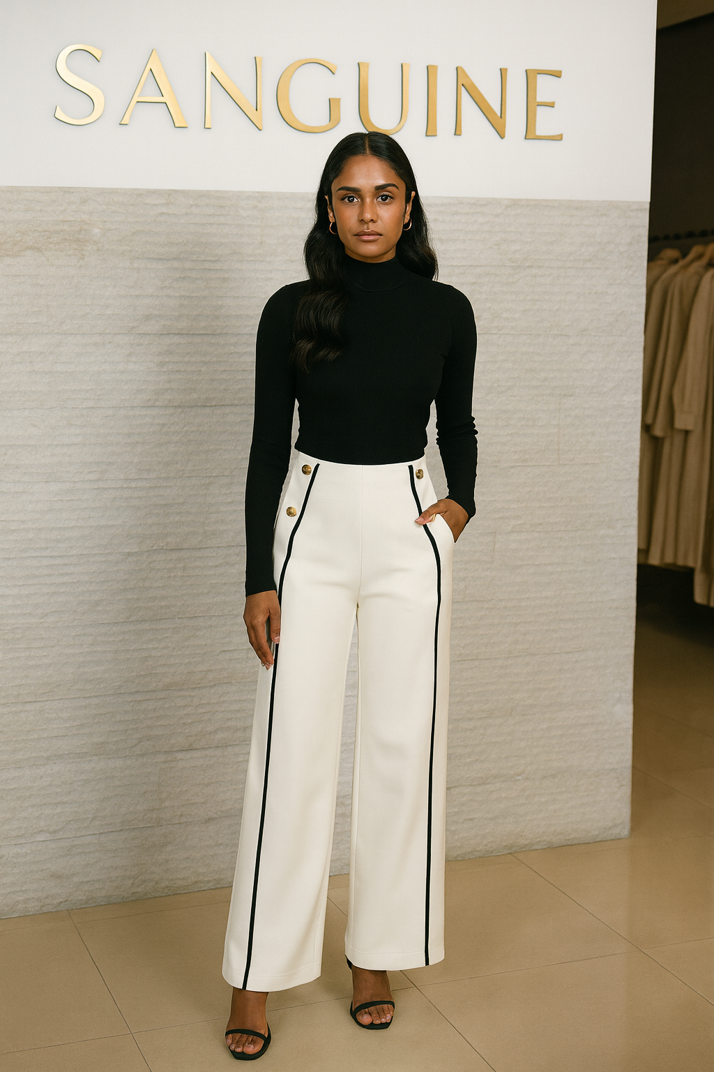 White Designer Trouser with black piping for women