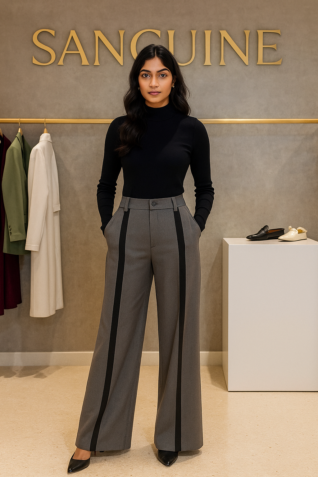 Grey Designer Trouser with black stripes for women