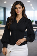 Premium Giza Cotton Black Puff Sleeve Peplum Shirt